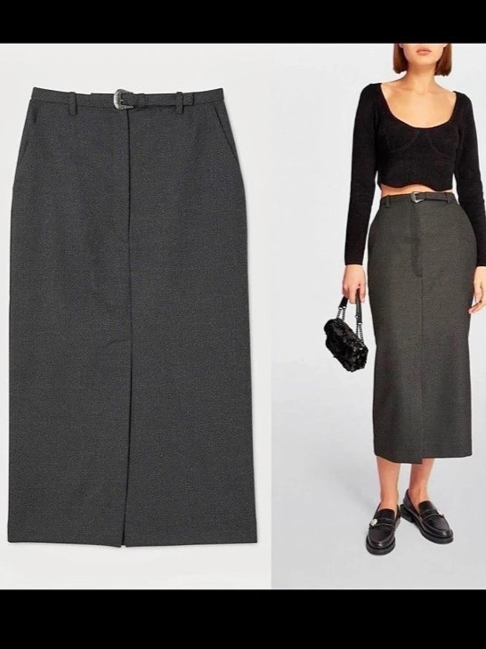 Sandro Western Buckled Pencil Skirt Black Midi Skirt
